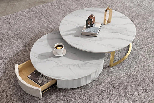 Round small space coffee table in a compact hospitality style apartment