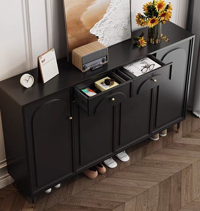 Modern entryway furniture set including console table and shoe storage.