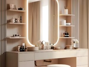 arched LED vanity desk with open shelves and drawers
