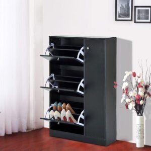 Spacious entryway shoe cabinet with ample storage compartments.