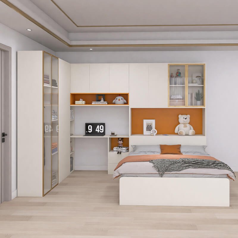 Multi-functional bedroom furniture with bed, wardrobe and study desk for small spaces