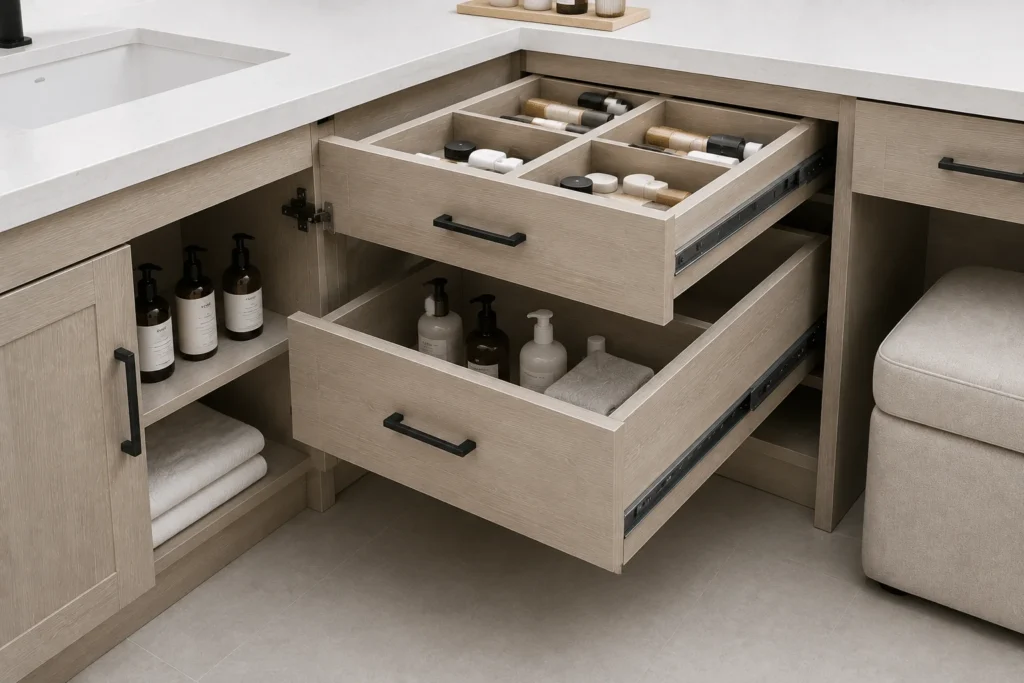 Corner bathroom vanity with soft-close storage drawers