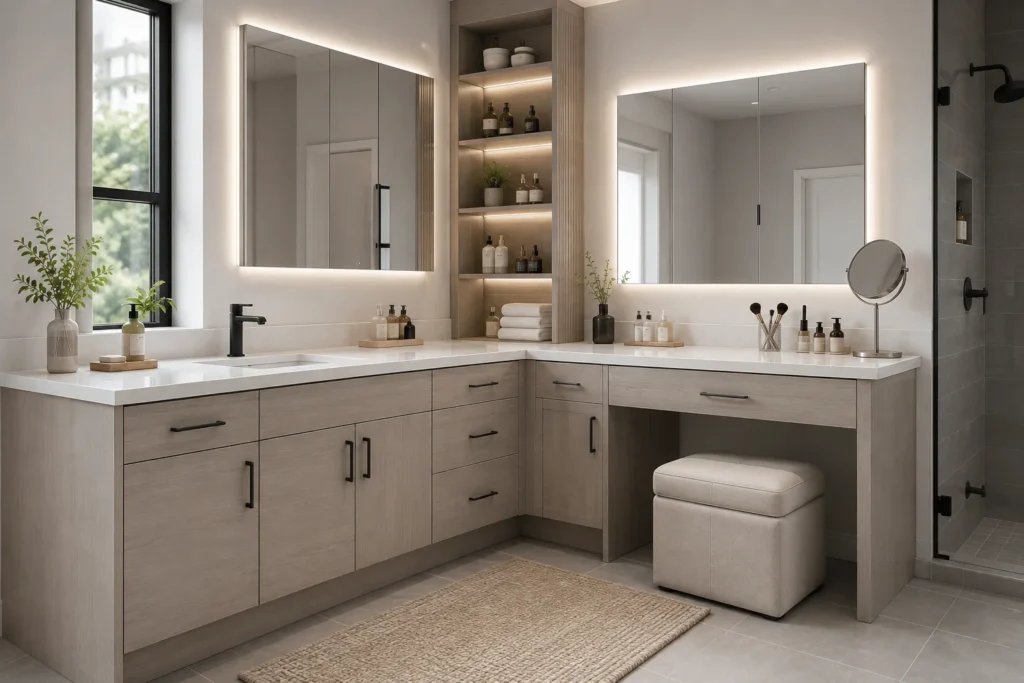 Corner bathroom vanity with integrated makeup area