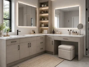 Corner bathroom vanity with integrated makeup area