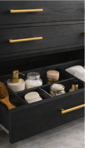 double sink bathroom vanity open shelf storage with folded towels