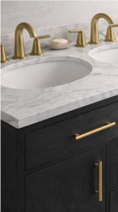 double sink bathroom vanity marble-look countertop with gold faucet