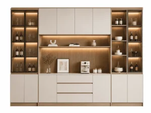 Dining room storage wall system with glass display cabinets and open storage niches