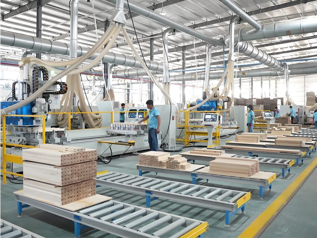 Factory workshop producing living room furniture TV stand with CNC machines.