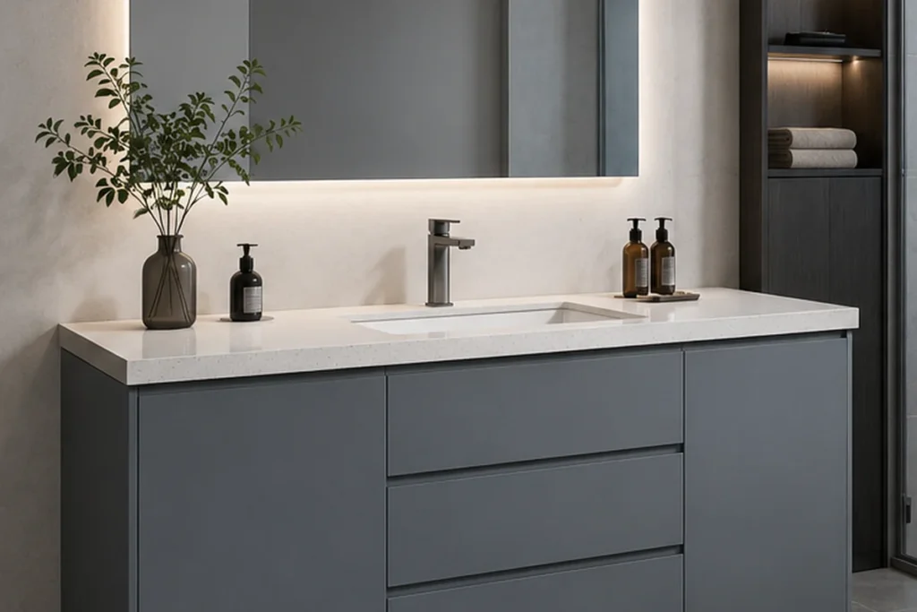 Modern grey plywood bathroom vanity with drawer storage