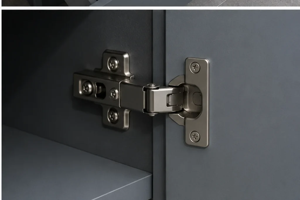 Soft-close hinge hardware for grey plywood bathroom vanity