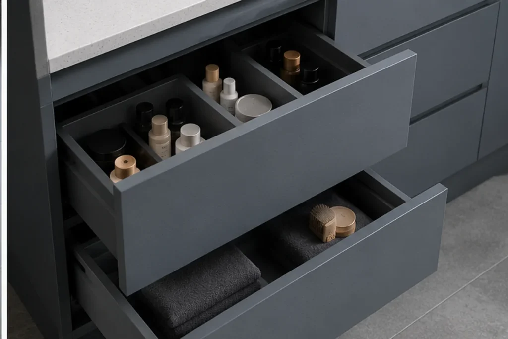 Grey plywood bathroom vanity with organized storage drawers