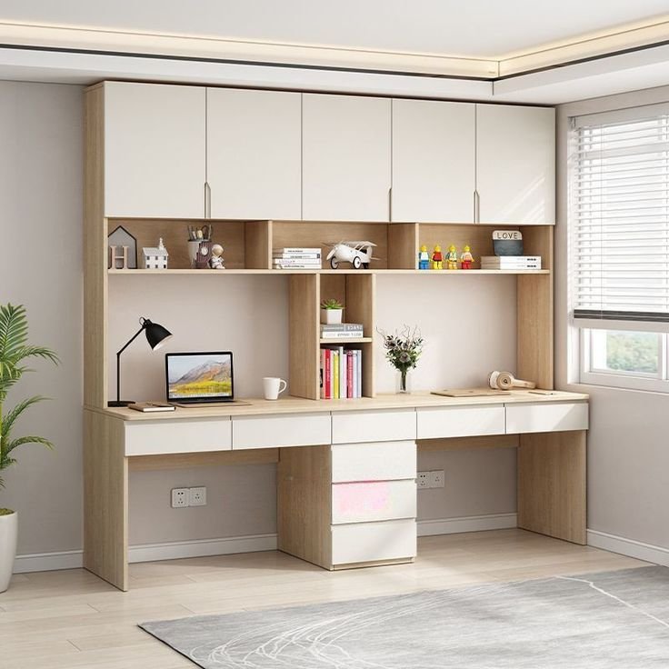 Modern Office Desk with Large Storage Space, White and Oak Design