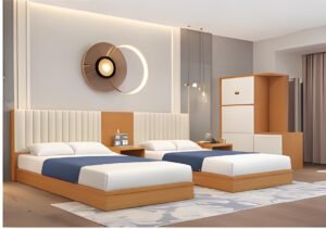luxury hotel twin bed room layout with upholstered headboards