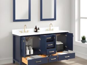 Blue bathroom vanity with mirrors and gold faucet hardware