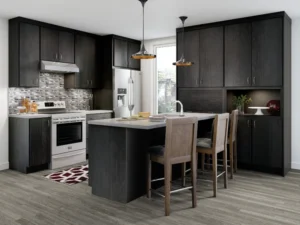modern black kitchen cabinets with island and tall pantry storage