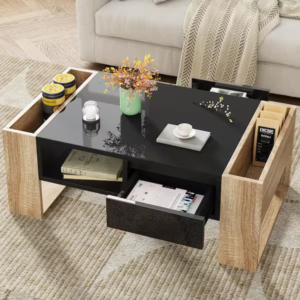 Storage coffee table with drawers in black and wood-grain finish