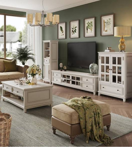 White plywood TV stand with glass doors in modern living room