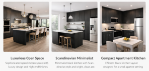 contemporary black kitchen cabinets with island seating and stainless steel appliances