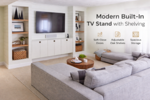 Modern living room with built-in wall-mounted TV stand featuring soft-close doors, adjustable oak shelves, and spacious storage.