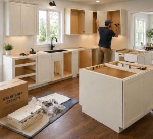 Modern kitchen installation in progress with RTA cabinets being assembled and installed.