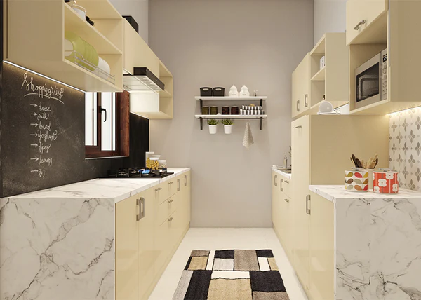 Modern apartment kitchen with modular cabinets and storage systems