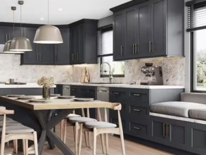 Modern shaker plywood kitchen cabinets in dark grey finish with soft-close drawers and bench seating