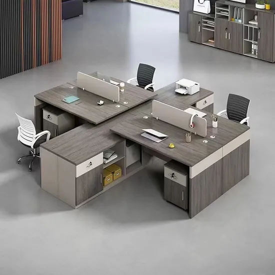 Modern office desks in collaborative layout.