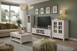 White plywood TV stand in elegant living room background