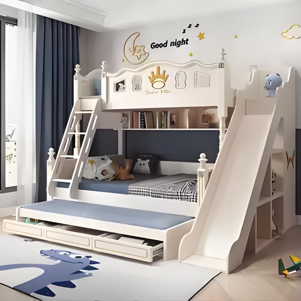 kids bunk bed manufacturer checking guardrails ladder and flat pack bed structure