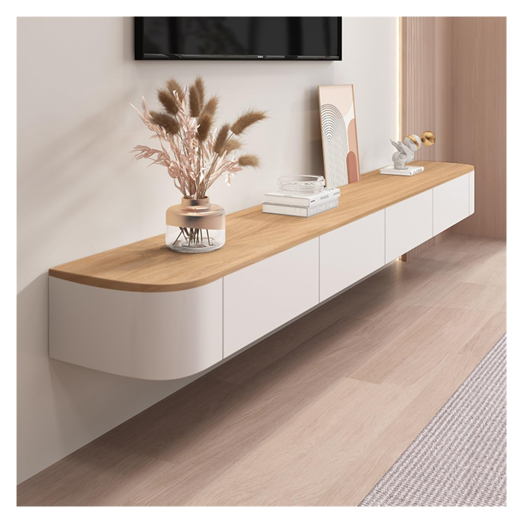 floating modern plywood TV stand with wall mounted storage