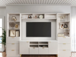 modern white fluted tv stand with storage and shelves