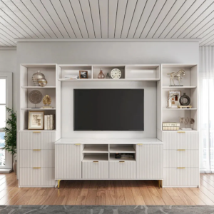 White fluted TV stand with storage and open shelving