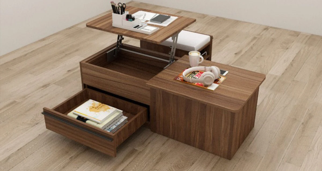 rounded edge plywood coffee table with hidden storage compartment