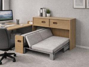 Space-saving home office cabinet bed with tri-fold mattress and drawers in a compact office setting