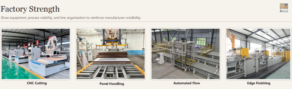Panel furniture source factory with CNC cutting, panel handling, automated production flow, and edge finishing equipment