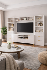 white plywood entertainment center with shelves and fluted cabinet doors