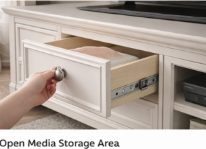 Center shelf and media storage area of white TV stand