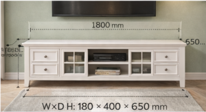 Dimension planning image for white TV stand width depth and height