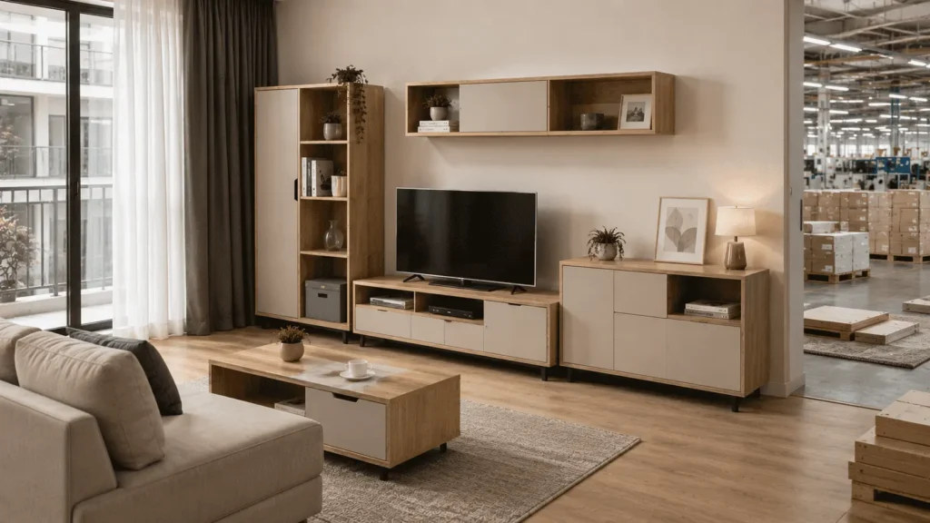 panel furniture export factory manufacturing modular living room cabinets with melamine board and edge banding