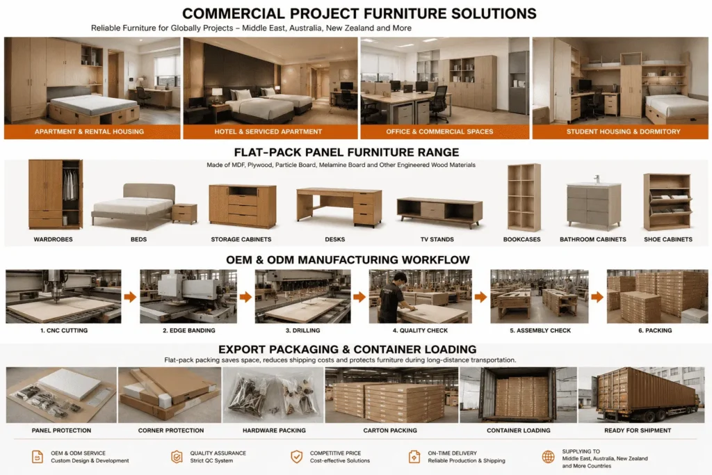 Commercial project furniture solutions with flat-pack panel furniture manufacturing and export packaging