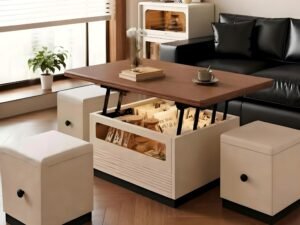 Multi-functional lift-top coffee table set with hidden storage, walnut wood tabletop, cream base, and matching storage stools for compact living rooms.