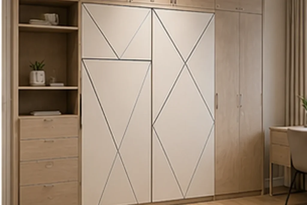 Custom electric wall bed in the closed position with integrated storage cabinets