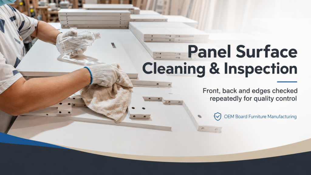 Worker cleaning and inspecting the front, back and edges of furniture panels at an OEM panel furniture factory