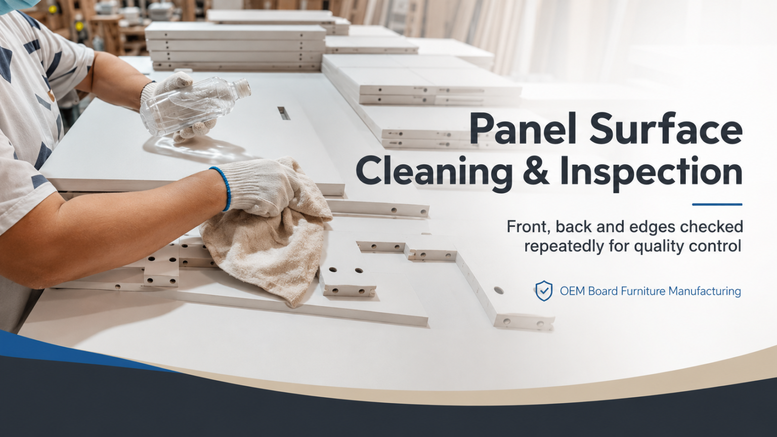 Worker cleaning and inspecting the front, back and edges of furniture panels at an OEM panel furniture factory