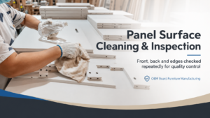 Worker cleaning and inspecting the front, back and edges of furniture panels at an OEM panel furniture factory
