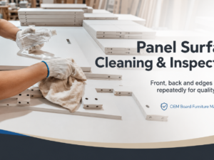 Worker cleaning and inspecting the front, back and edges of furniture panels at an OEM panel furniture factory