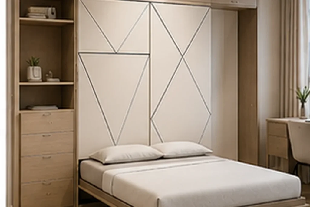 Electric fold-down wall bed opened inside a modern apartment bedroom