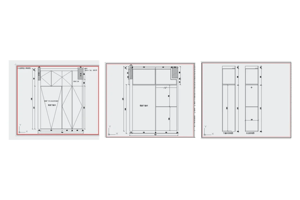 Client-supplied front elevation internal structure and side view drawings for an electric wall bed