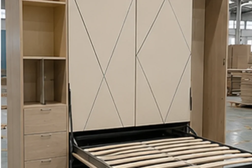 Factory trial assembly of a custom electric fold-down wall bed cabinet