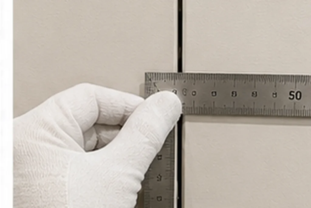 Quality inspector measuring panel gaps and alignment on a custom wall bed
